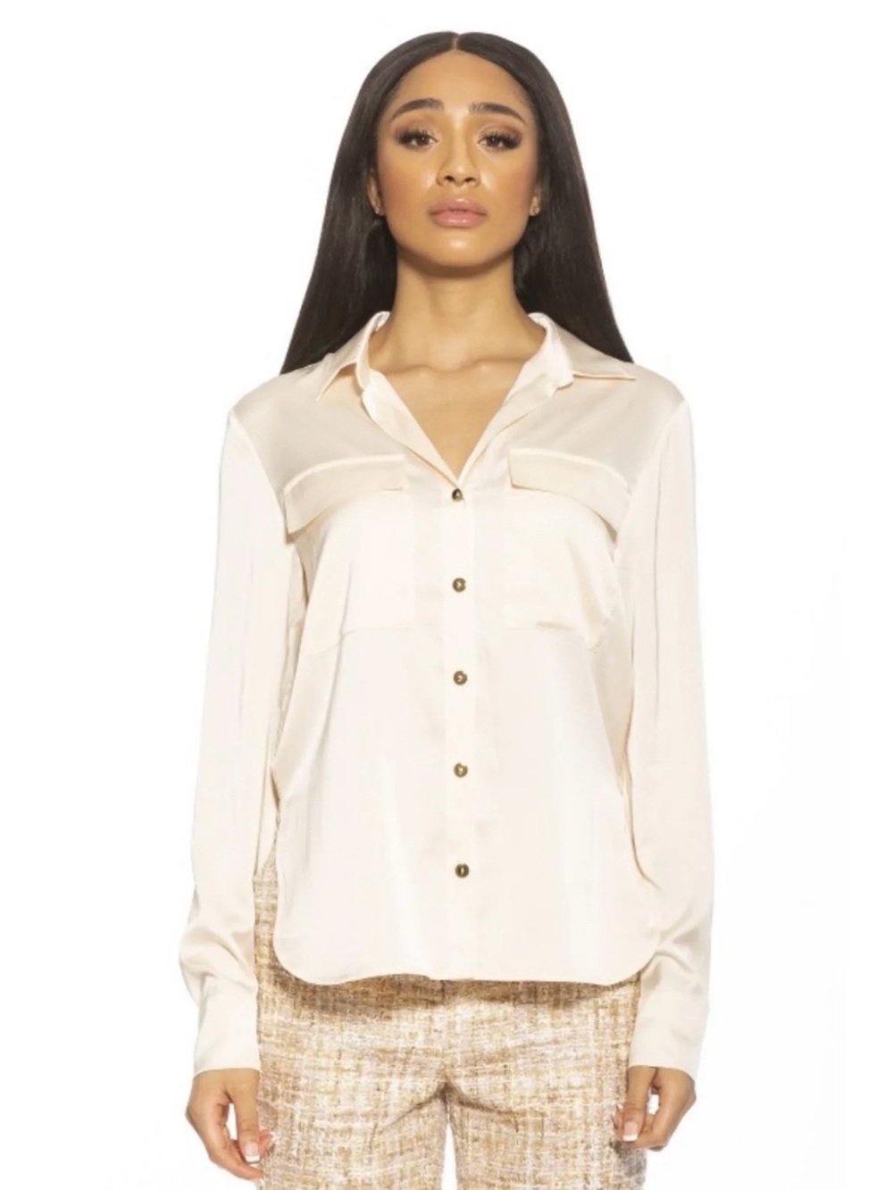 Alexia Admor Classic Cream Satin Button-Down Blouse